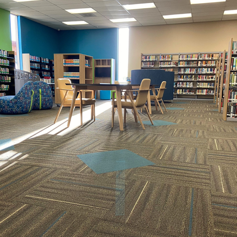 Modern, commercial carpet in the common area of a local library.