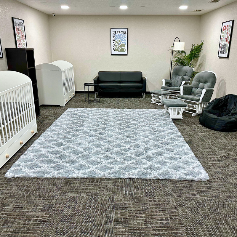 Gray commercial carpet in a modern church nursery.