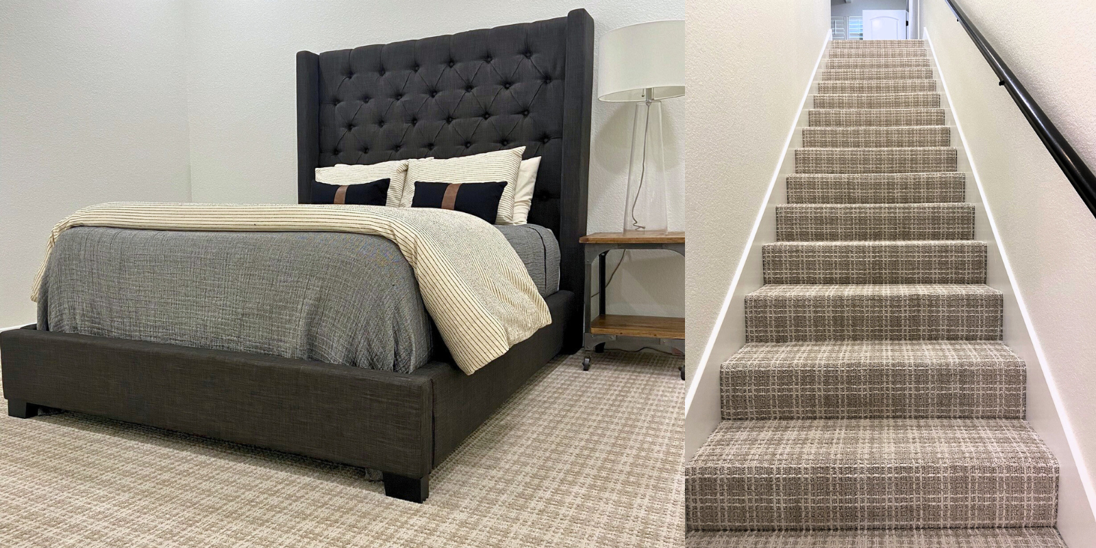 Cream and taupe plaid patterned carpet installed in a modern bedroom and stairs.