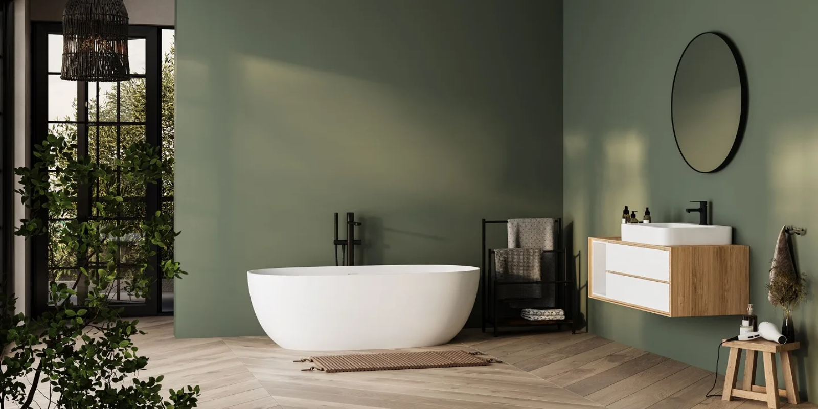 modern laundry room with herringbone wood flooring