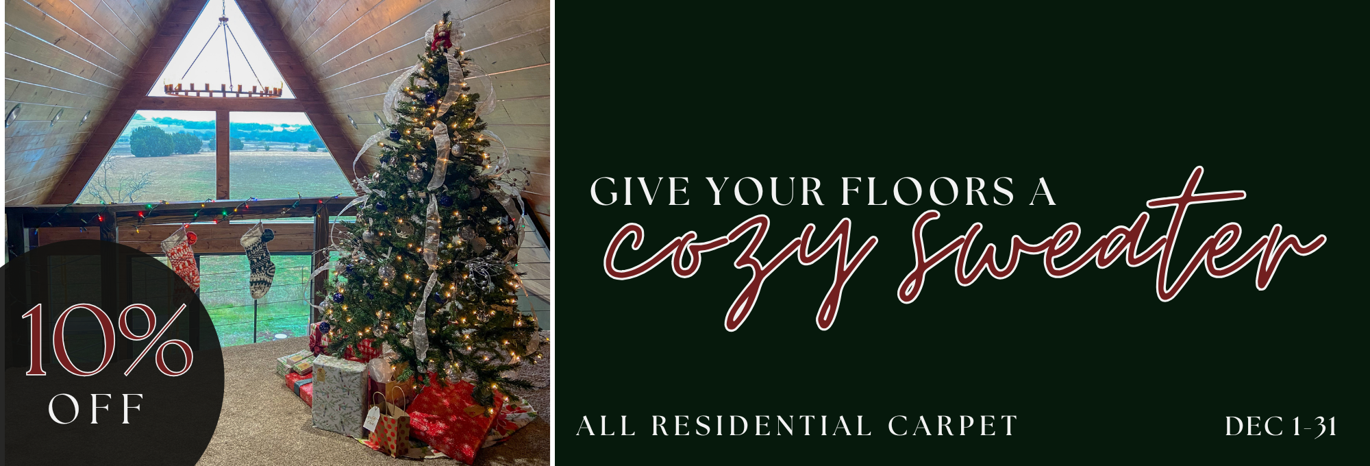 cozy loft with carpet and Christmas tree, rustic home