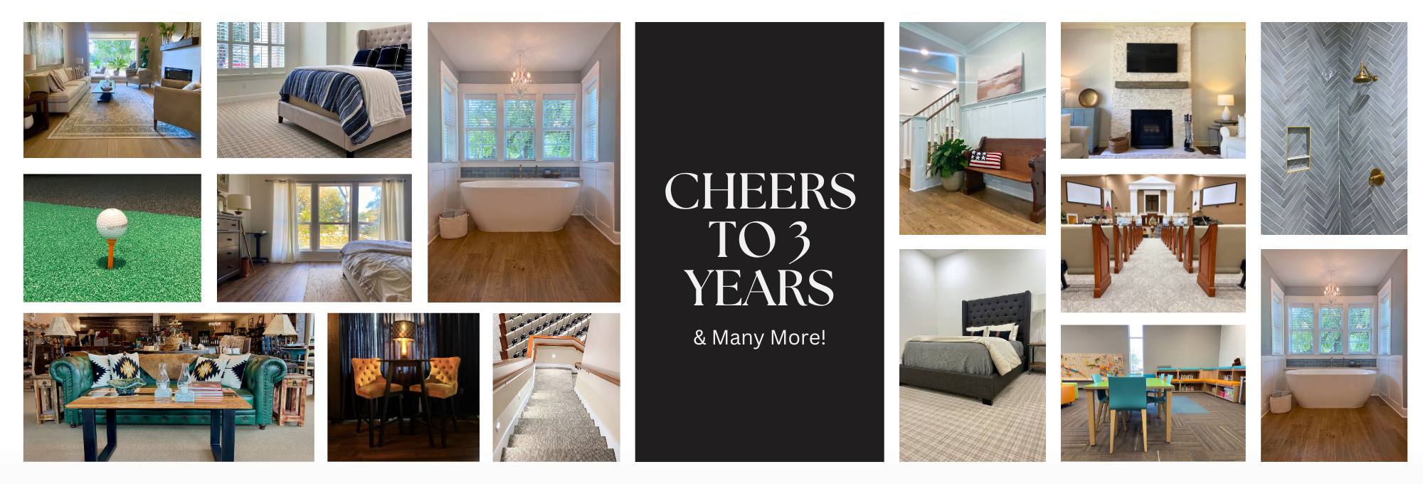 collage of various flooring and tile projects celebrating three years in business