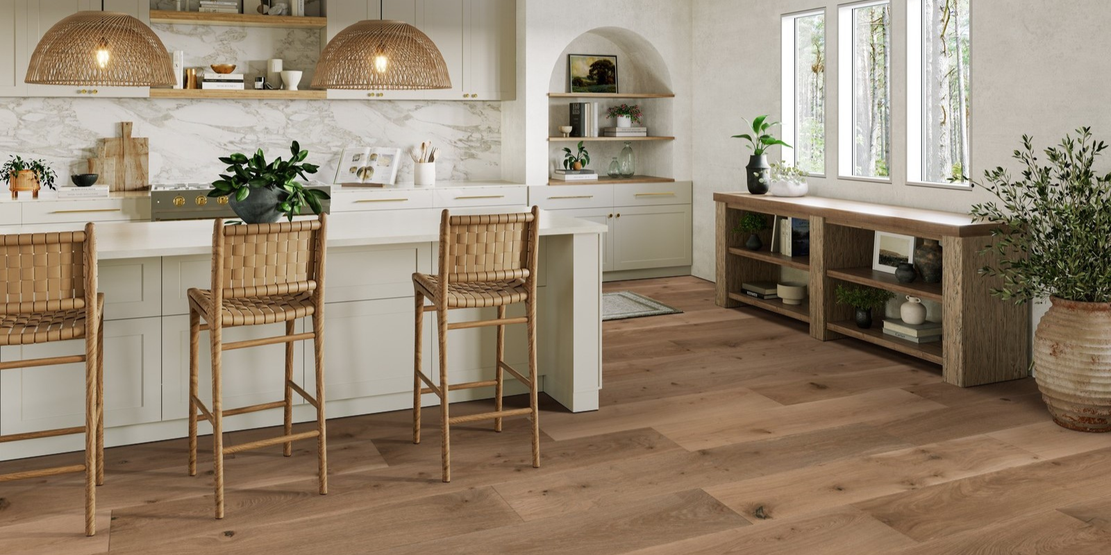 boho modern kitchen with hardwood
