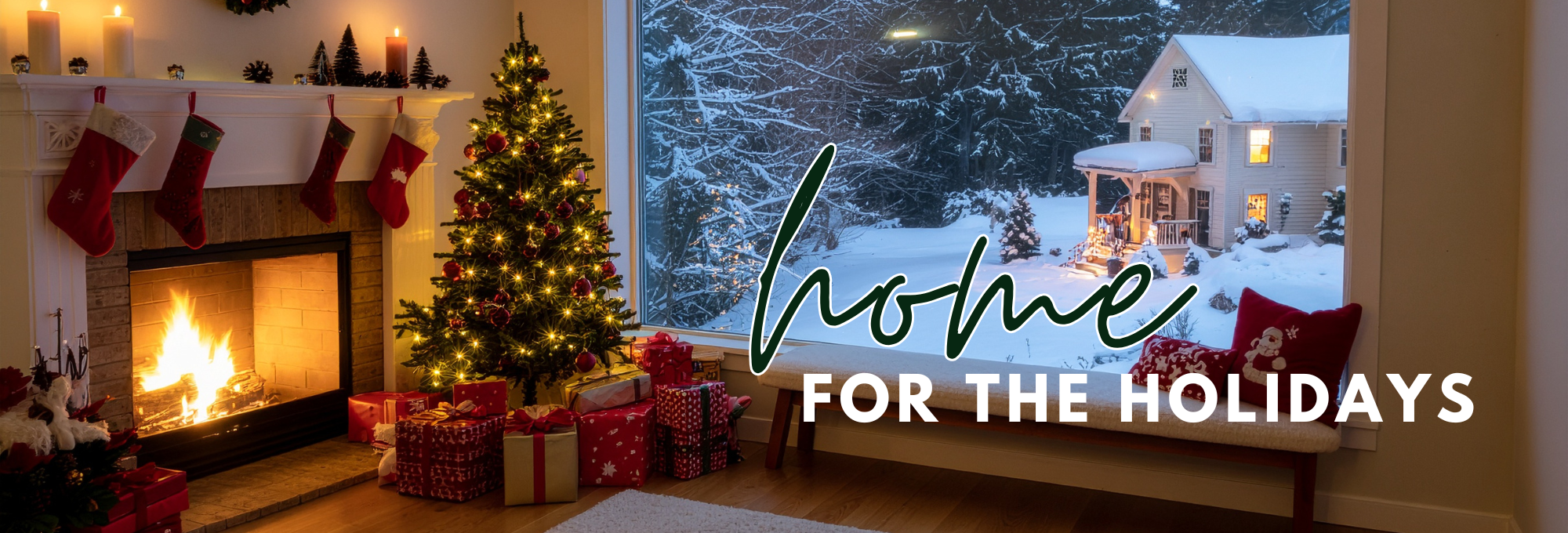 cozy Christmas hearth in a living room with snow