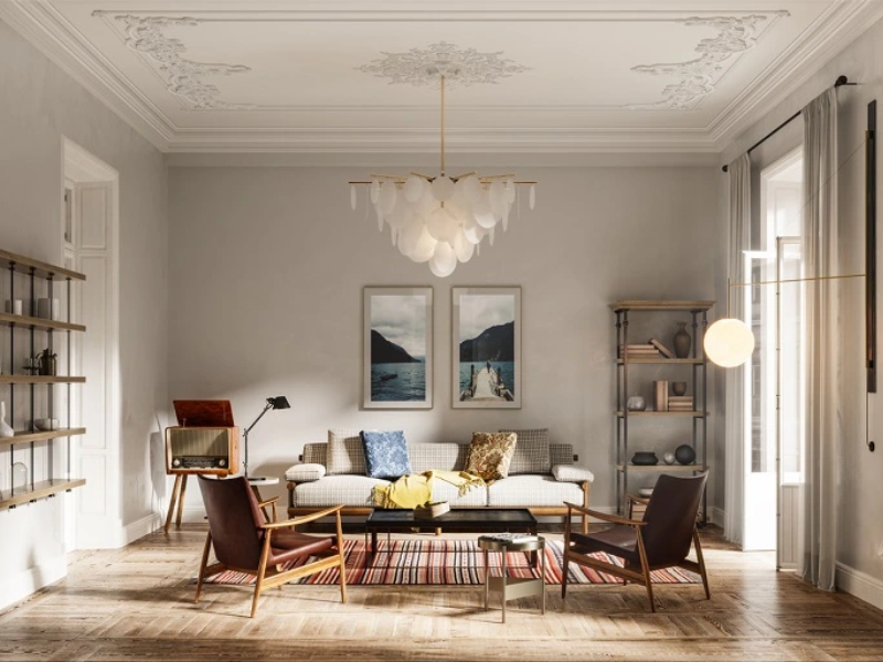 Gorgeous contemporary living room with hardwood floors and a modern chandelier