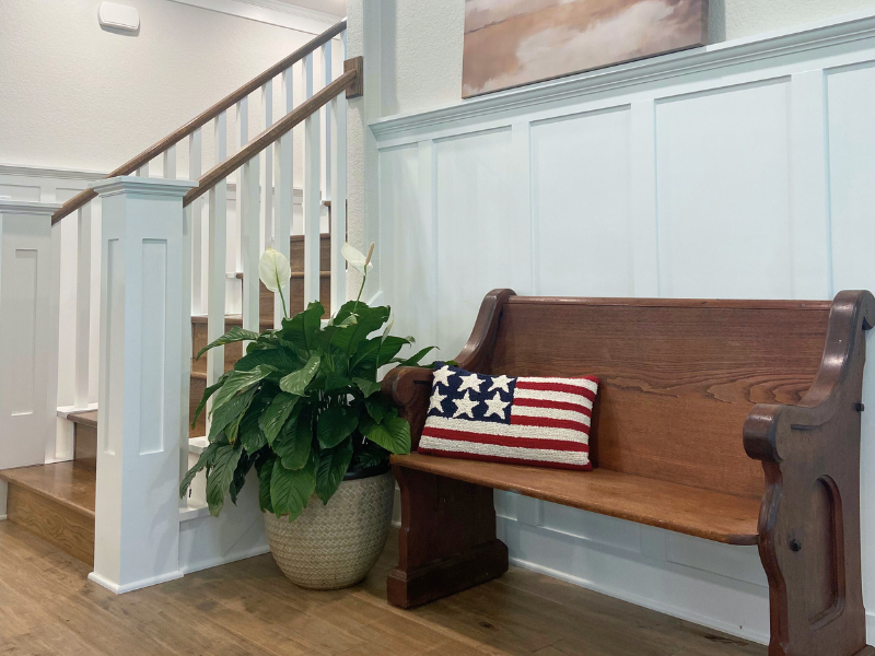American flag pillow in an entryway bench with American-made hardwood