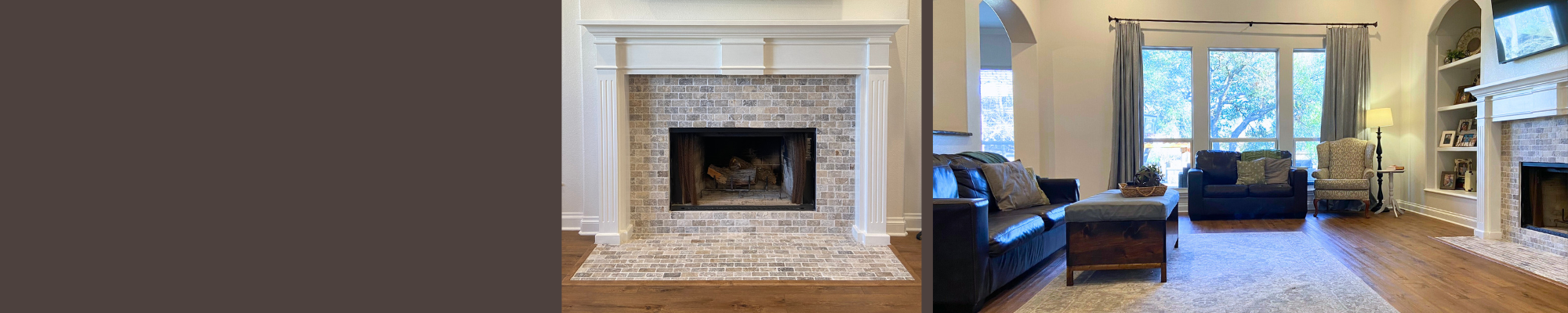 Contemporary living room with new luxury vinyl planks and stacked stone fireplace, flooring store product catalog