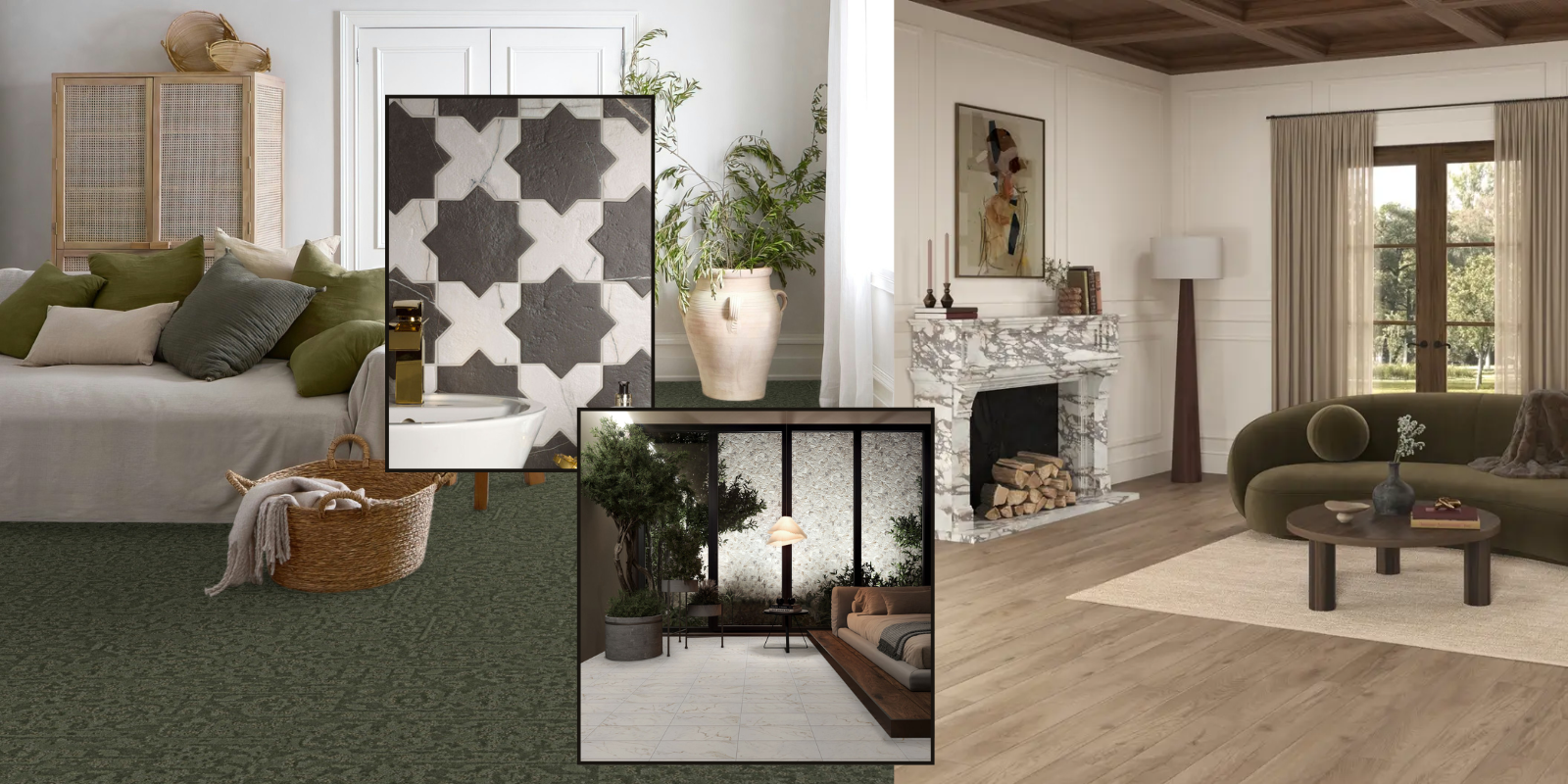 marble tile, green patterned carpet, contemporary design, moody colors