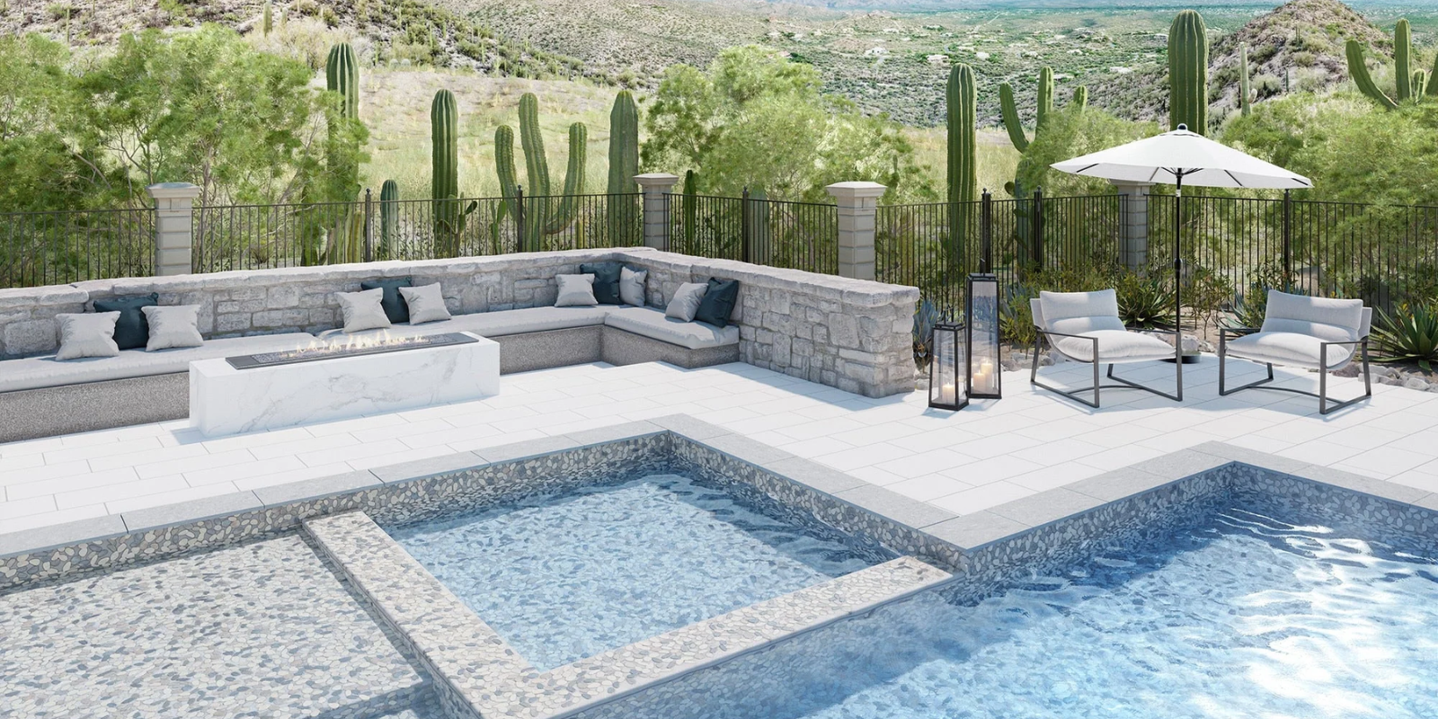 Outdoor pool with pebble tile and large seating area with fireplace in the desert | 900 E. Central Ave. Belton, TX 76513 |