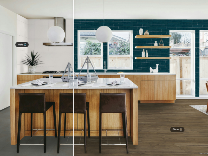 Flooring visualizer with new blue backsplash and luxury vinyl floors