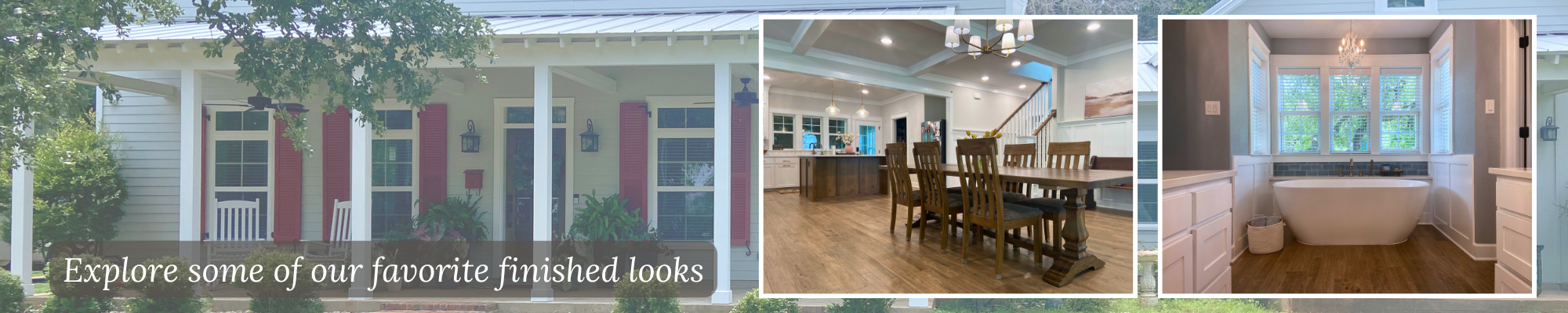 Farmhouse front porch and hardwood in a dining room and bathroom