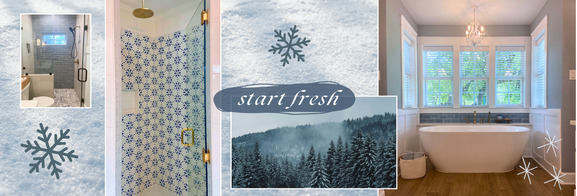 blue tile in showers with snowy winter graphics