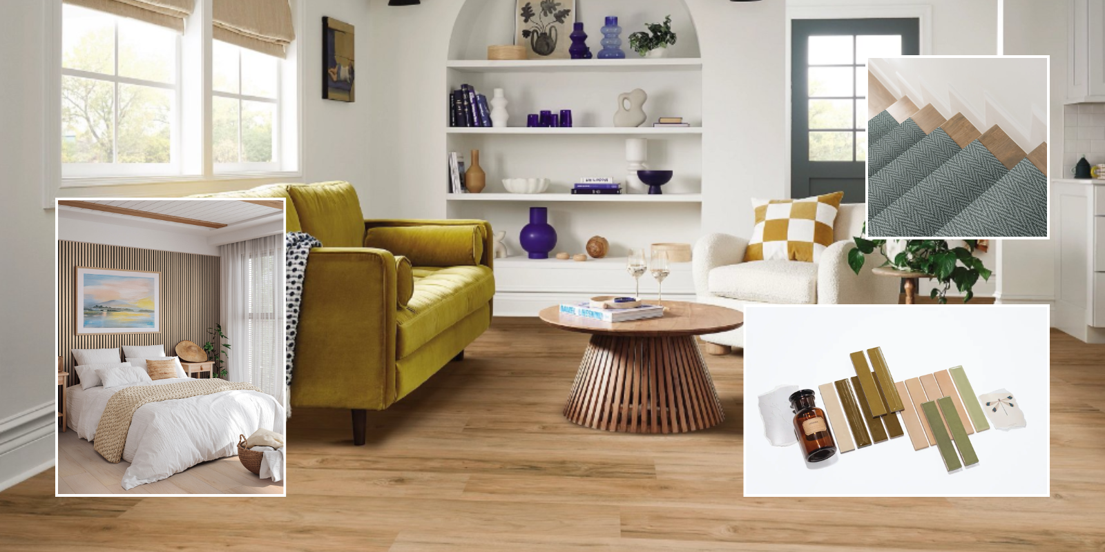 interior design mood board with retro colors, tile, modern living room, wooden slat wall, stair tread